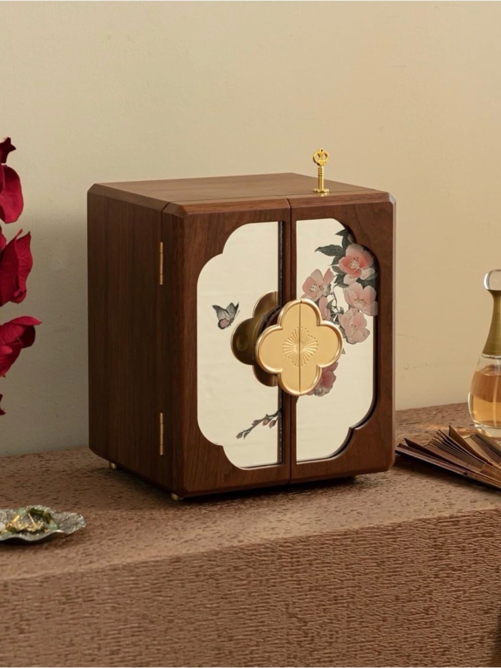 Wooden Clover Jewelry Armoire with Gold Floral Mirror Accent Mirror